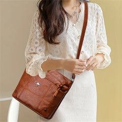 LIZAKOSHT  -  Soft Leather Messenger Bag Font Pocket Large Capacity Shoulder Bag Brown Simple Smartphone Bags