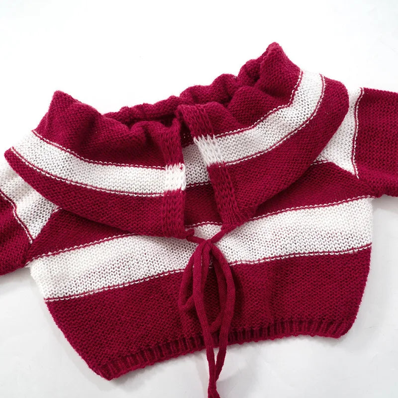 LIZAKOSHT  -  Knitted Sexy Off Shoulder Striped Women Sweater Red Long Sleeve Lace Up Sweater Female Autumn New Casual Streetwear