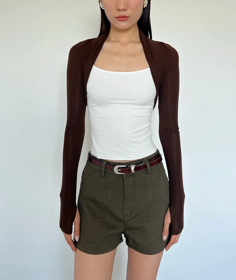 LIZAKOSHT  -  Women Long Sleeve Cropped "Take A Walk" Fitted Arm Warmers Tencel Wool Wrap Tee
