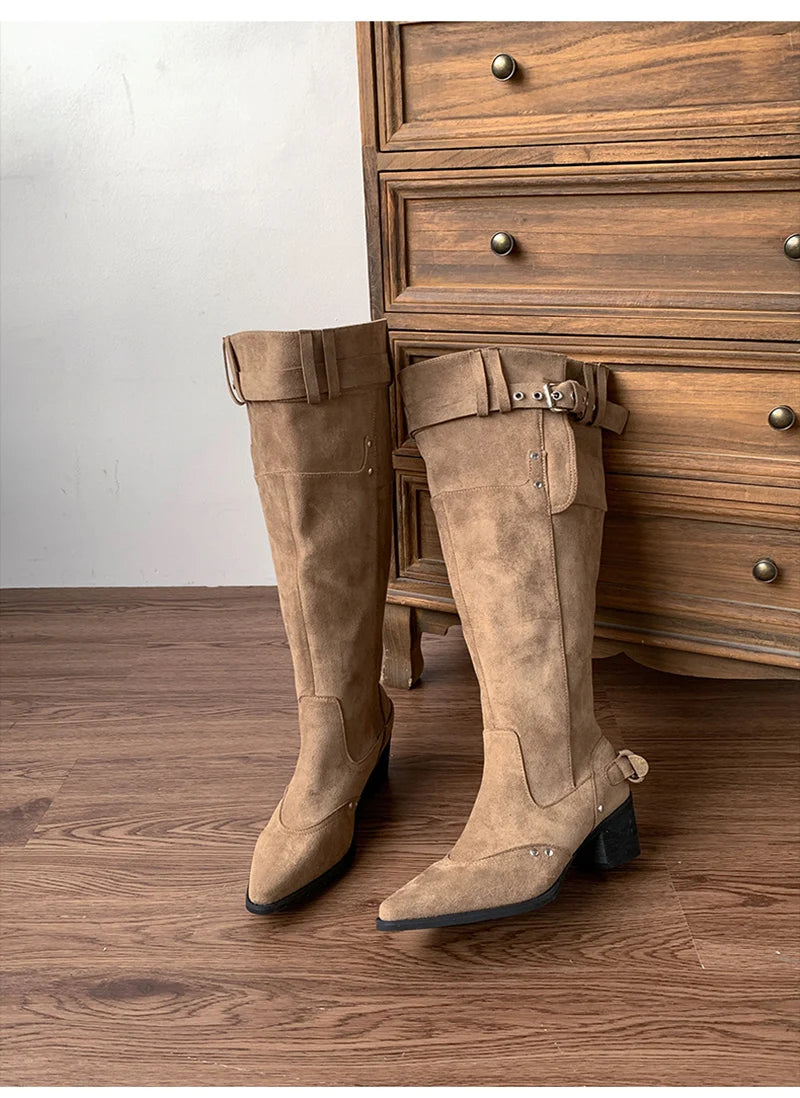 LIZAKOSHT  -  Vintage Rivet Hottie Women Knee-High Boots Fashion Belt Buckle Female Pleated Knight Long Booties Shoes