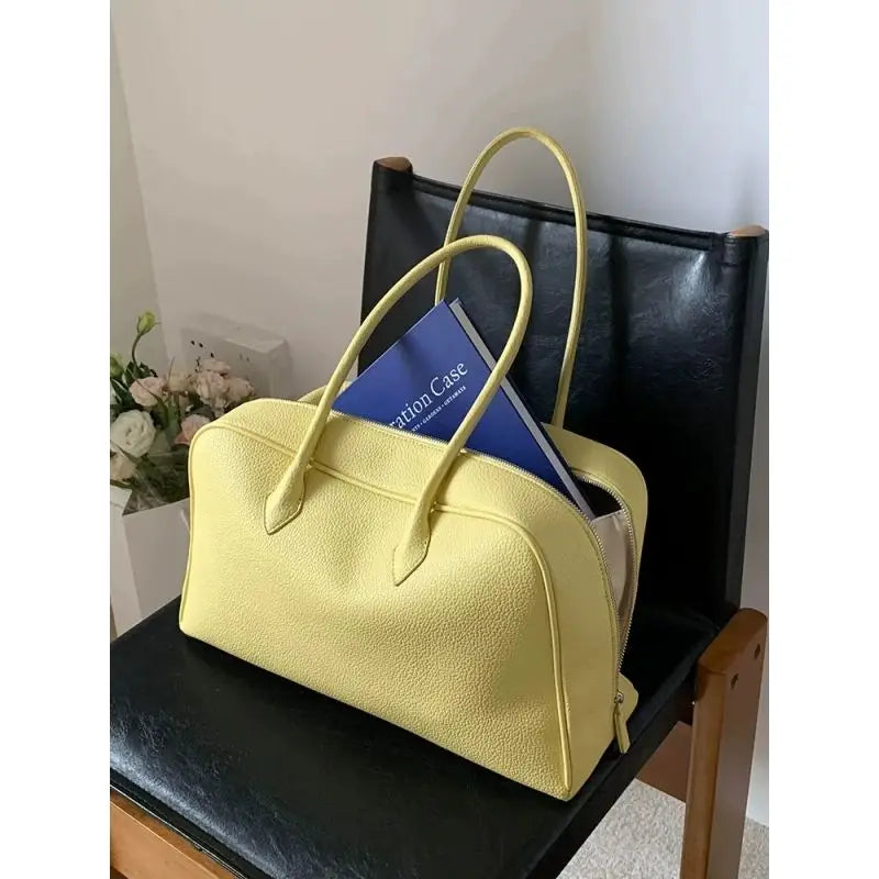 LIZAKOSHT  -  Korean Cute Lychee Pattern Yellow Handbag Women Leather Minimalist Large Capacity Shoulder Bags Ladies Fashion Casual Boston Bag