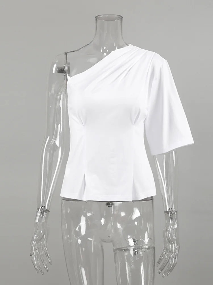 LIZAKOSHT  -  Women's White One Shoulder Asymmetric Blouse Elegant Ruched Bust Minimalist Sleeve Tops Women's Fashion Date Night T-shirt