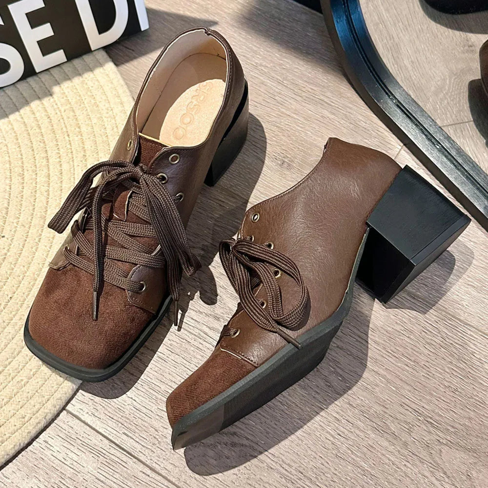 LIZAKOSHT  -  Vintage Brown maillard Style Casual Pumps Square Toe Patchwork Block Heels Lace-up Shoes Women
