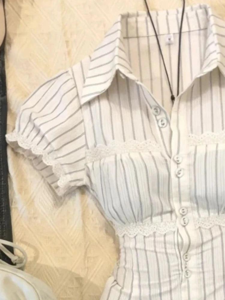 LIZAKOSHT  -  Harajuku Fashion Lace Trim Design Shirt Korean Style Sweet Color-Block Striped Short Sleeve Shirt Women Waist-Slimming Tops