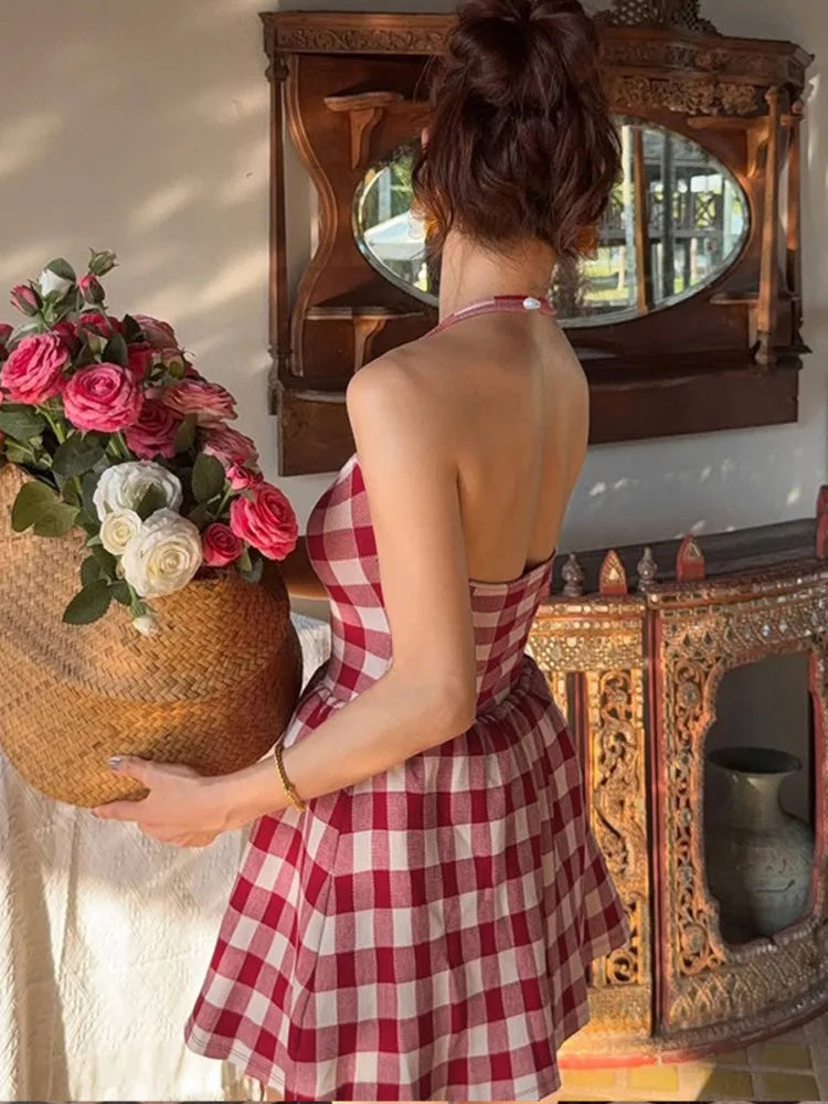 LIZAKOSHT  -  Sexy Halter Plaid Print Mini Dress Off-shoulder Sleeveless Spaghetti Strap Backless High Waist Red A-line Holiday Dress