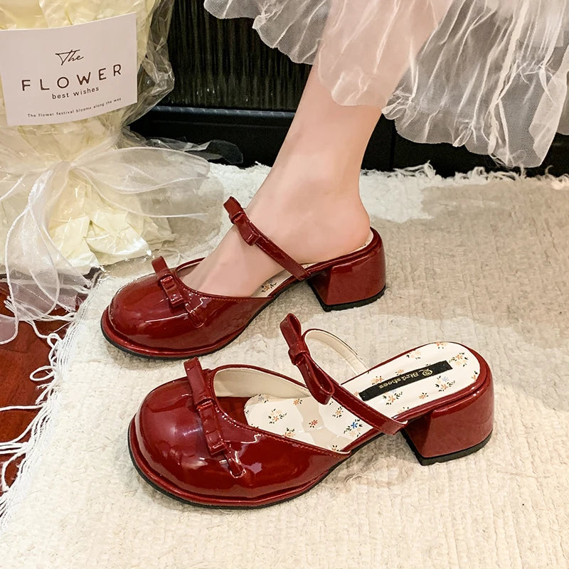 LIZAKOSHT  -  Summer Butterfly-knot Cover Toe Women Slippers Elegant Thick Heel Dress Slides Ladies Concise Slingback Dress Sandals Mule Shoes