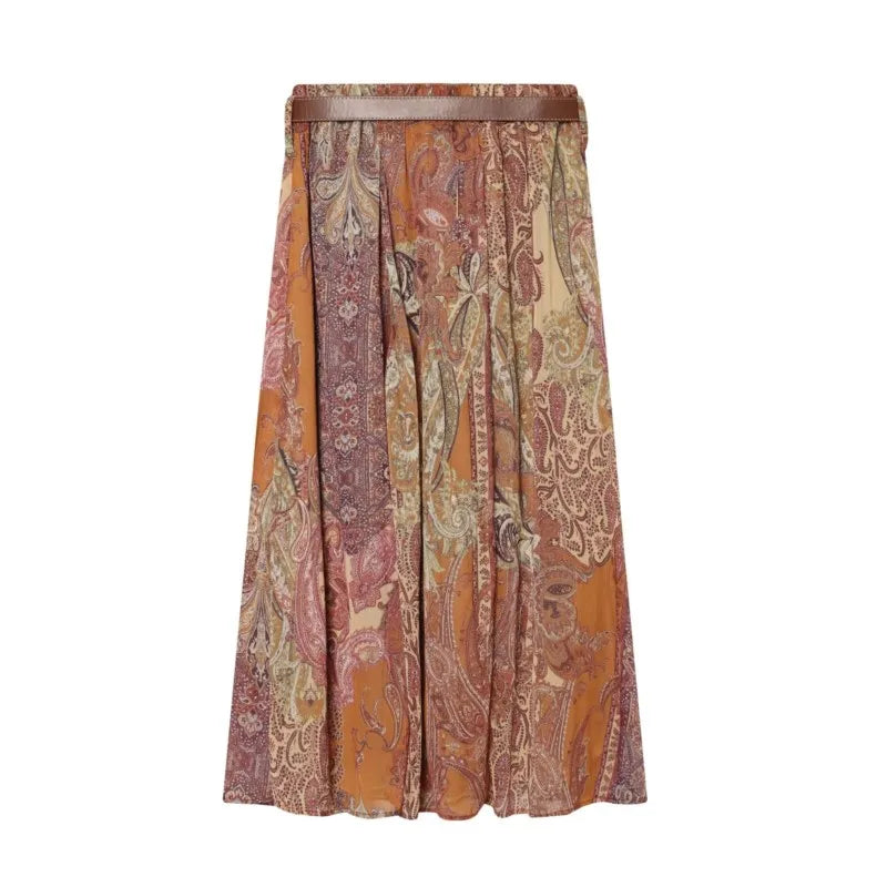 LIZAKOSHT  -  Women's Printed Midi Skirt with Belt New Spring Summer Casual Elastic Waist A-Line Elegant Lady Skirts Female Chic Skirts