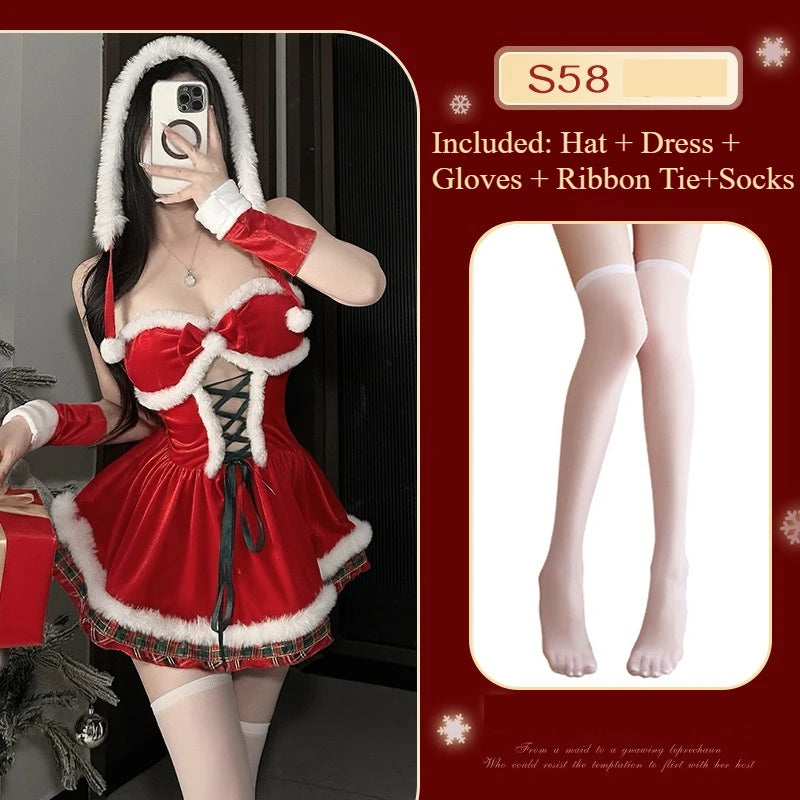  LIZAKOSHT  -  Women Christmas Costume Set Spaghetti Strap Velvet Mini Dress with Hood Gloves Lace Up Belt Xmas Festival Party Cosplay Outfit