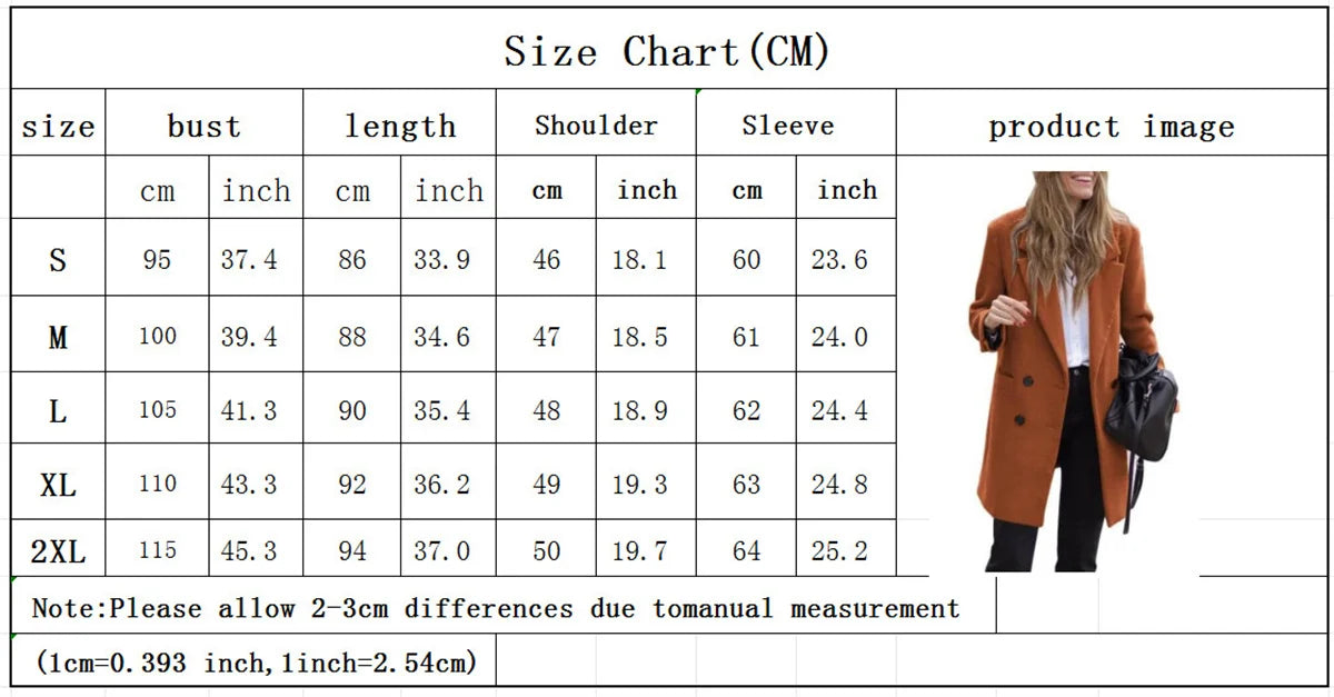 LIZAKOSHT  -  Women Lapel Double Breasted Coats Autumn Winter New In Fashion Jackets Sollid Color Lond Sleeve Pocket Jacket Lady Warm Outwears