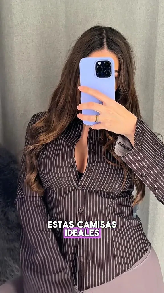 LIZAKOSHT  -  Casual Striped Short Slim Shirt Women Chic Lapel Long-sleeved Single Breasted Waist-cinching Top Lady Commute Street Wear