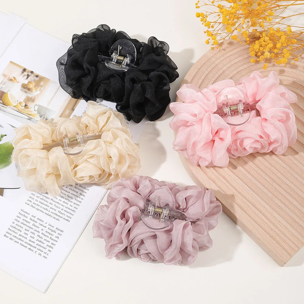 Lizakosht New Elegant Silk Chiffon Large Hair Claw Women Fashion Flower Bow Barrettes Clamps Clips Ponytail Holder Hair Accessories