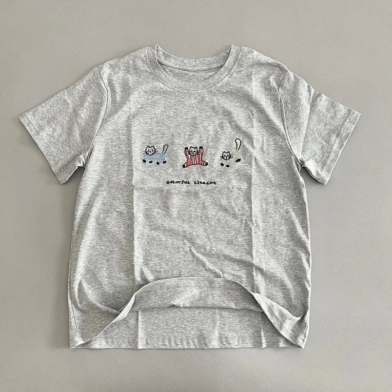LIZAKOSHT  -  Korean Style Cat Embroidery Short Sleeve Crew Neck T-Shirt Casual Summer New White Women's Top Fashionable Girl's Clothing