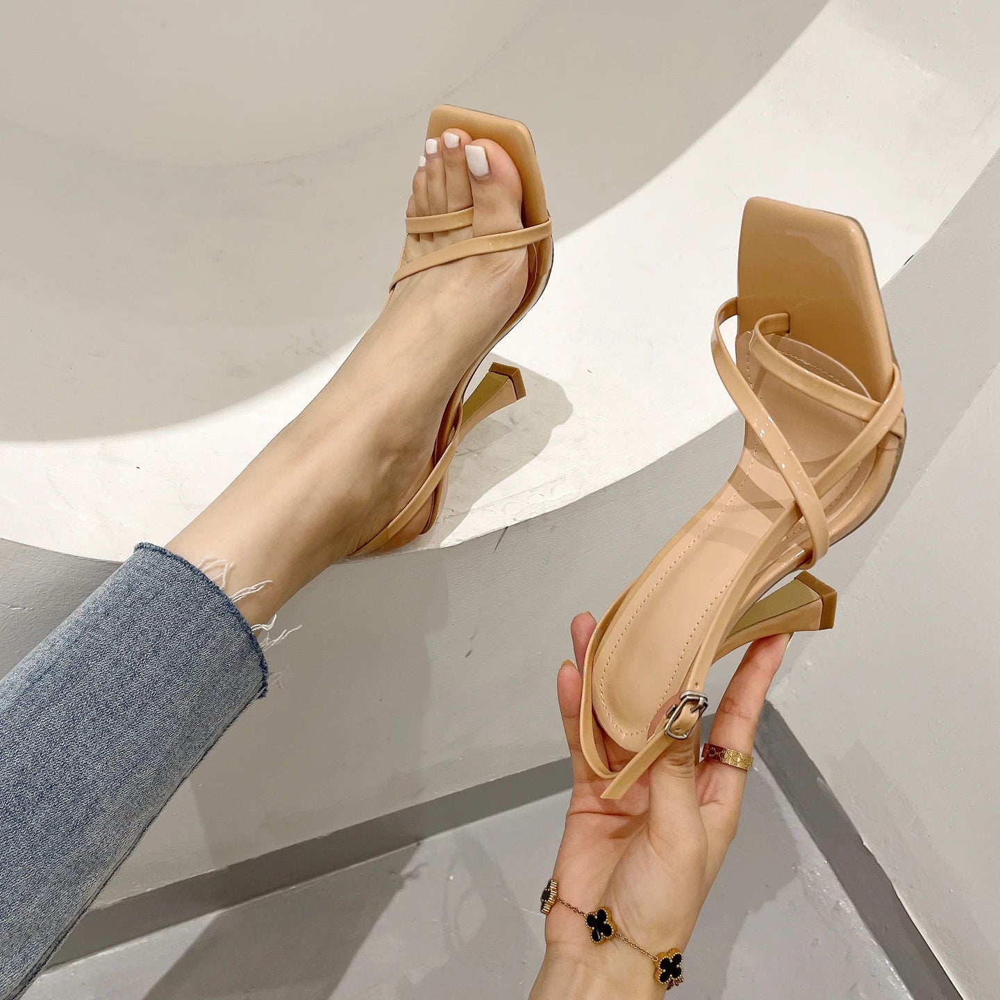 LIZAKOSHT  -  Summer Fashion Square Toe Patent Leather Thong Sandals Buckle Strap Super High Heel Party Dance Shoes