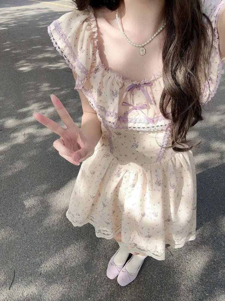 LIZAKOSHT  -  Floral Print Mini Dress Women's French Style Puffy Sleeve Fresh Gentle Short Skirt Pure Desirable Sexy Casual Daily Wear