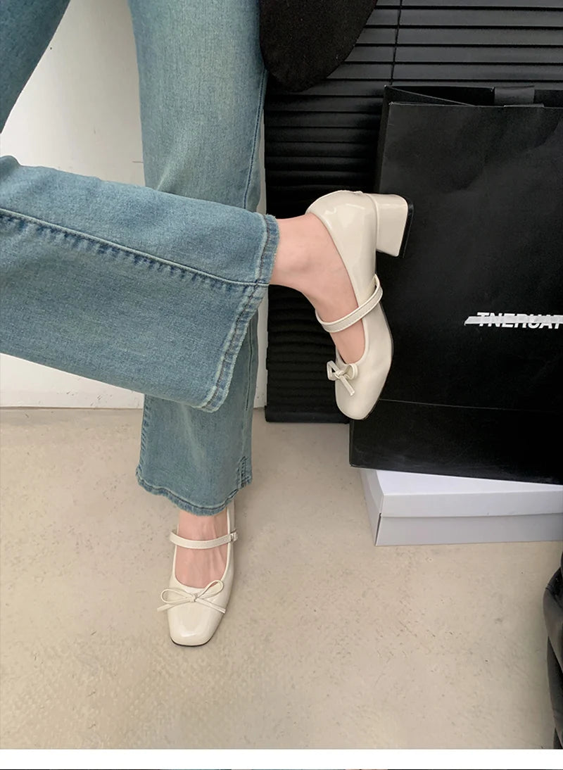 LIZAKOSHT  -  Patent Leather Women Mary Jane Shoes Fashion Shallow Butterfly-knot Shoes Spring Autumn Wedding Party Shoes
