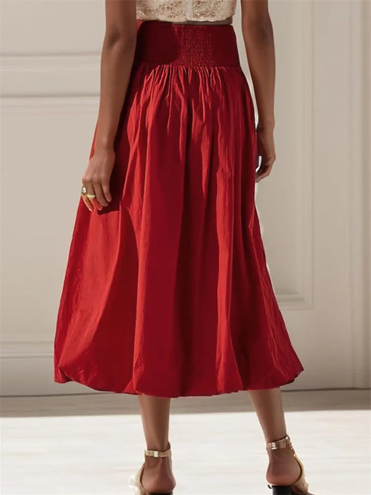 LIZAKOSHT  -  Women Long Maxi Skirts Casual Loose Fit Elastic Waist Solid Color Ruched Pleated Skirts for Summer Spring Streetwear