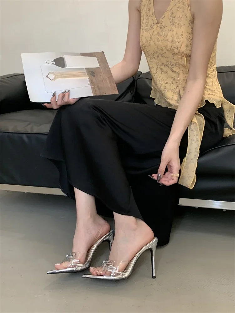 LIZAKOSHT  -  2025 New Summer Street Style PVC Transparent Pointed Toe Women Slipper Sexy Thin Heels Stripper Party Slides Shoes