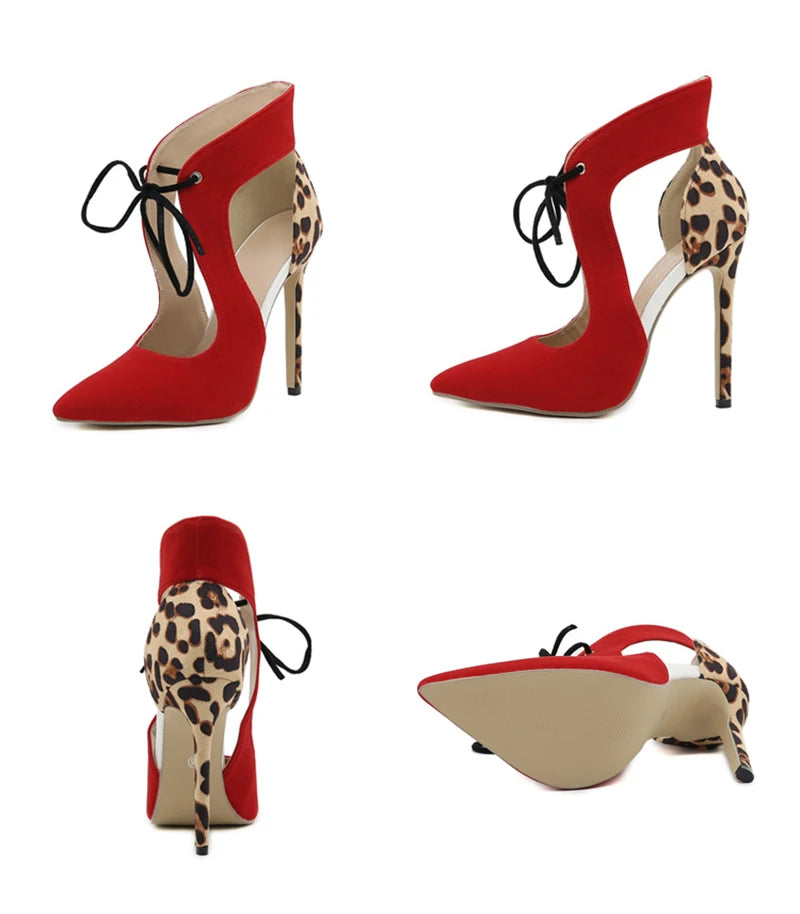 LIZAKOSHT  -  Fashion Cross-Tied Women Pumps Sandals Sexy Pointed Toe Wedding Stripper High Heels Leopard Print Stiletto Shoes Mules