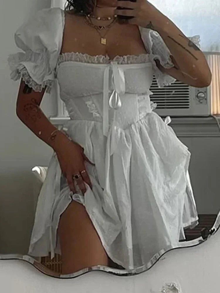 LIZAKOSHT White Sexy Tie Up Puff Sleeve Cotton Summer Women Dress Vintage Lace Dress Petite Beach Mini Backless Short Dress Vestido Mujer