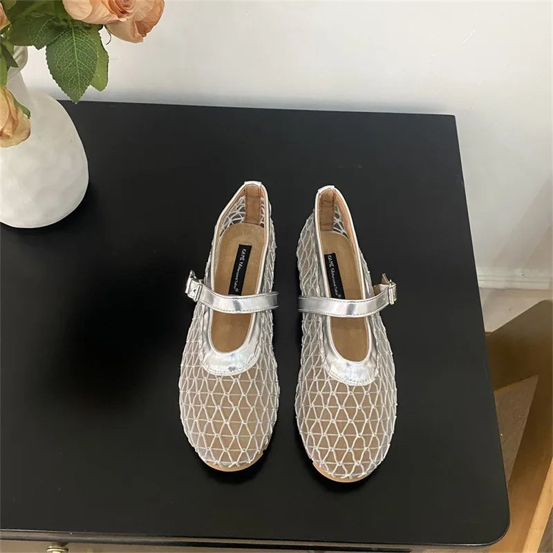 LIZAKOSHT  -  Round Toe Mesh Women Flat Shoes Fashion Summer NEW Breathable Buckle Strap Ladies Footwear Soft Flat Heel Mary Jane Sandals