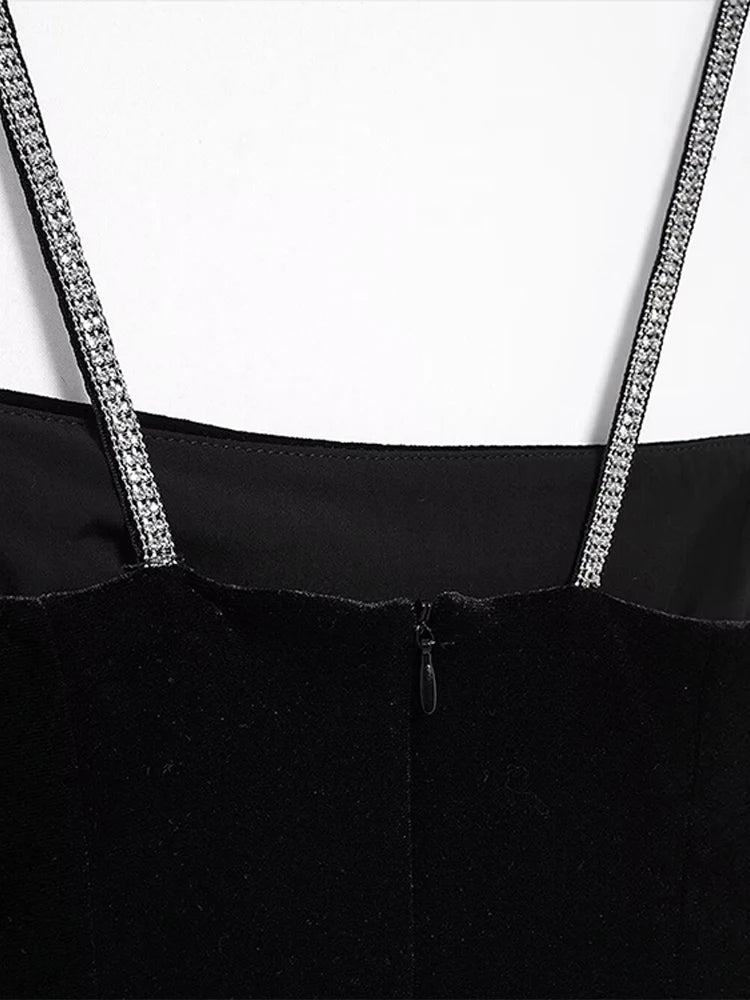 LIZAKOSHT  -  Velvet Halter Dress Black Sexy Slim Fit Elegant Straight Collar Waist Cinched Short Dresses Camisole Evening Gown Women's Wear