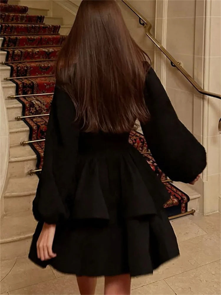 LIZAKOSHT  -  Summer Black Ruffled Mini Dress Female V-Neck Long Sleeve Solid Commute Elegant Party Dress Evening Women's Bodycon Dress