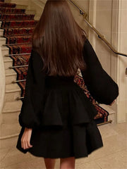 LIZAKOSHT  -  Summer Black Ruffled Mini Dress Female V-Neck Long Sleeve Solid Commute Elegant Party Dress Evening Women's Bodycon Dress