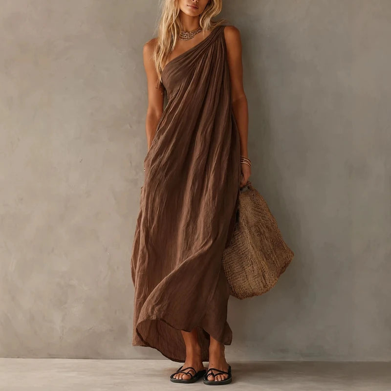 LIZAKOSHT  -  Cotton Linen Casual Pocket Solid Long Dress Elegant Draped Hight Waist Women Dress Sleeveless Slanted Shoulder Loose Party Dress