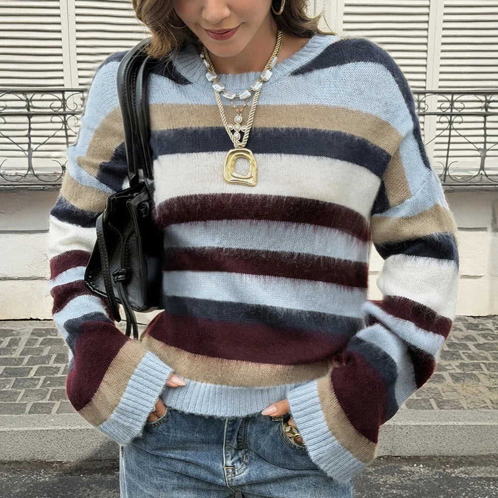  LIZAKOSHT  -  Women Multicolor Block Stripe Crew Neck Knit Sweater Loose Long Sleeve Pullover
