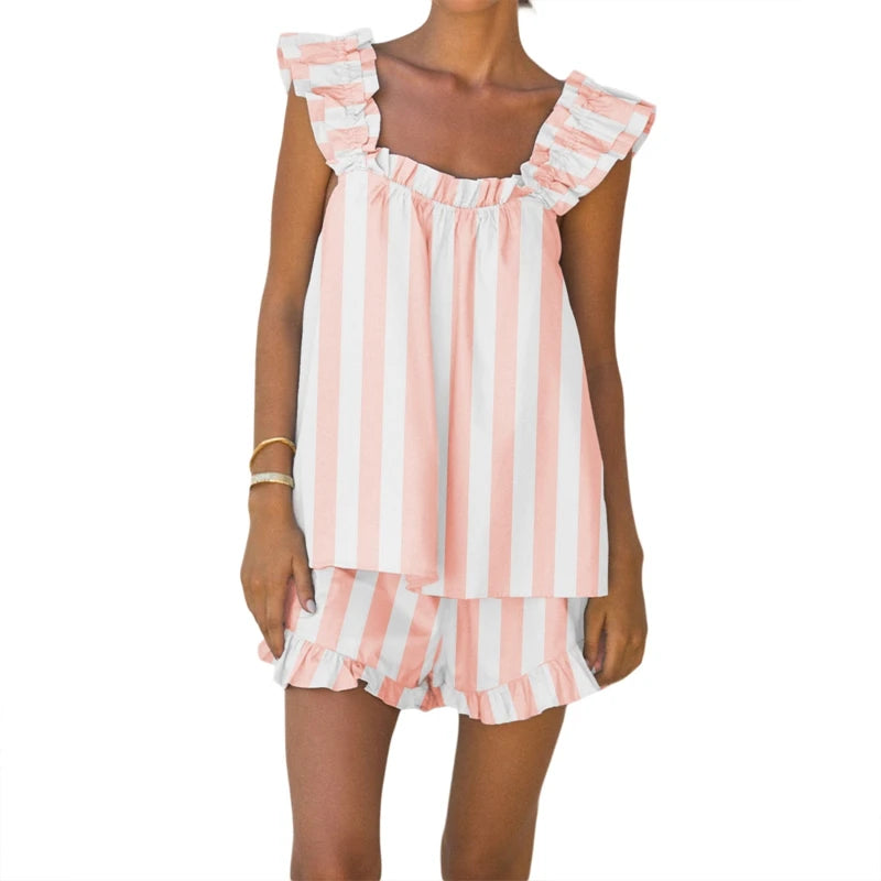 LIZAKOSHT  -  Striped Plaid 2 Piece Set Outfits Kawaii Loose Sleevless Tank Top Vest + Ruffles Hem Shorts Women Loungewear Matching Suit