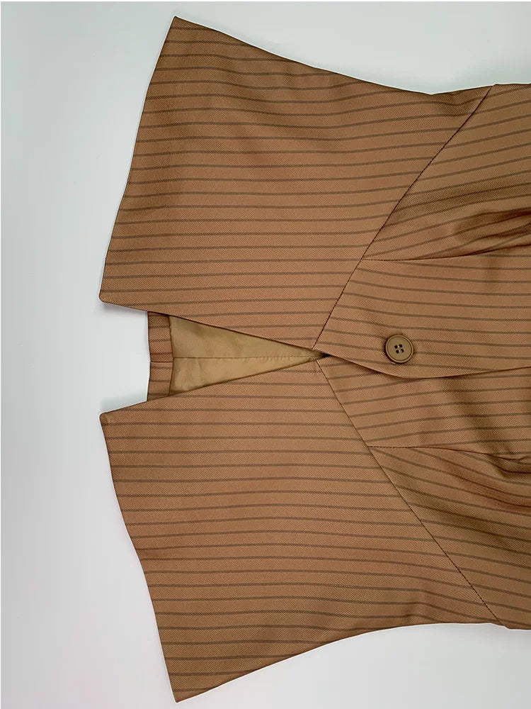 LIZAKOSHT  -  Striped Pants Short Blazer Outerwear 2025 New Brown V-Neck Loose Buttoned Split-Joint Wide Leg Trousers Female Clothin