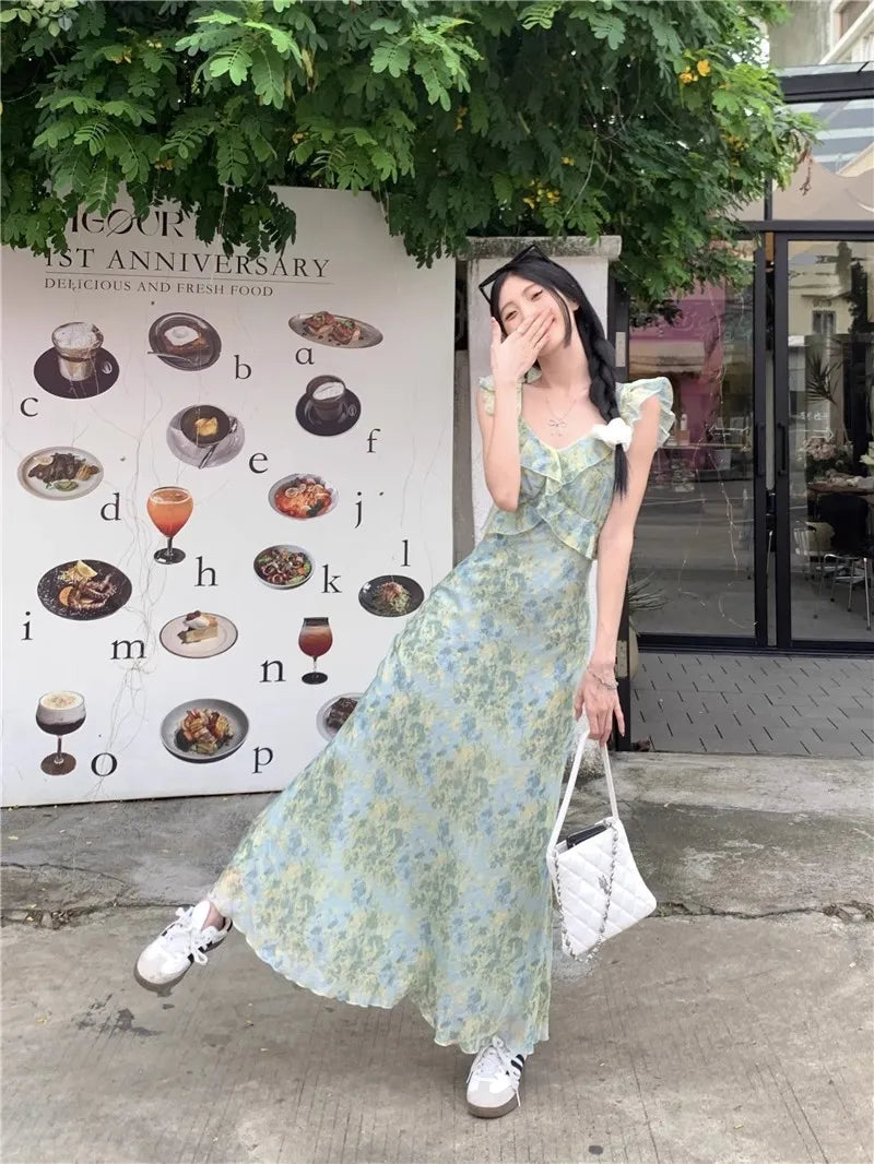 LIZAKOSHT  -  Women's French Style Floral Spaghetti Strap Maxi Dress Beach Vacation Dress