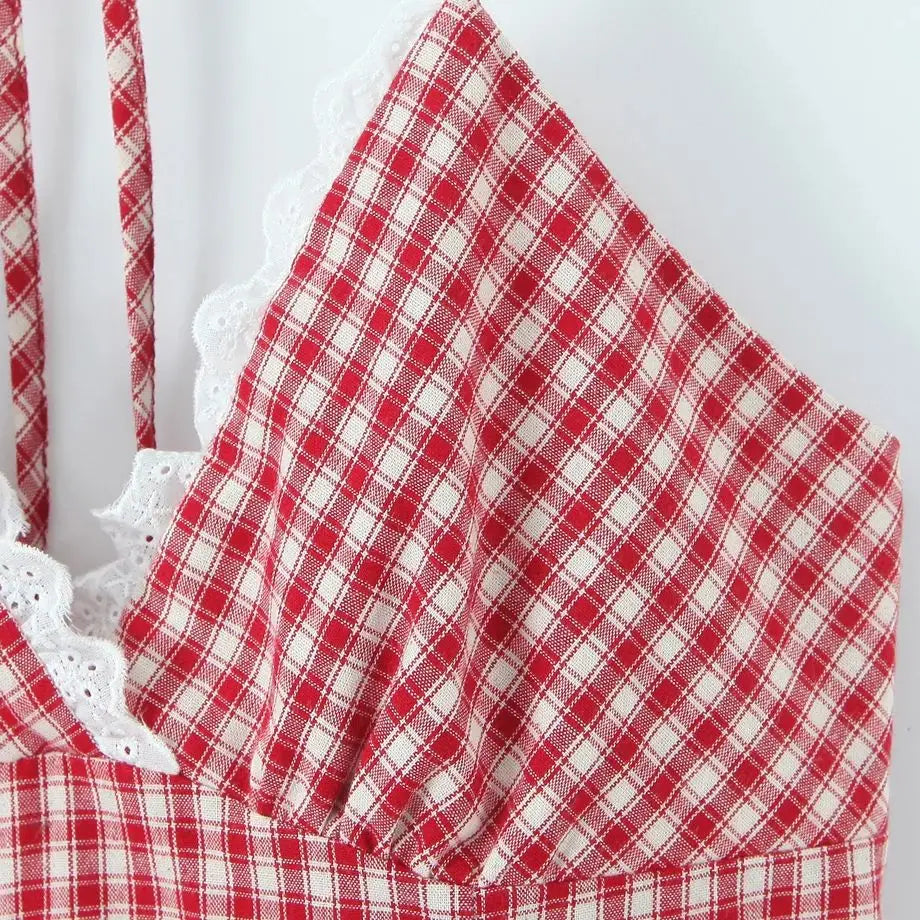 LIZAKOSHT  -  Sexy Red White Plaid Spliced Lace Lacing Up Bow Halter V Collar Mini Dress Women Ruffles Hem A-line Short Dresses Robe Vestidos