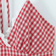 LIZAKOSHT  -  Sexy Red White Plaid Spliced Lace Lacing Up Bow Halter V Collar Mini Dress Women Ruffles Hem A-line Short Dresses Robe Vestidos