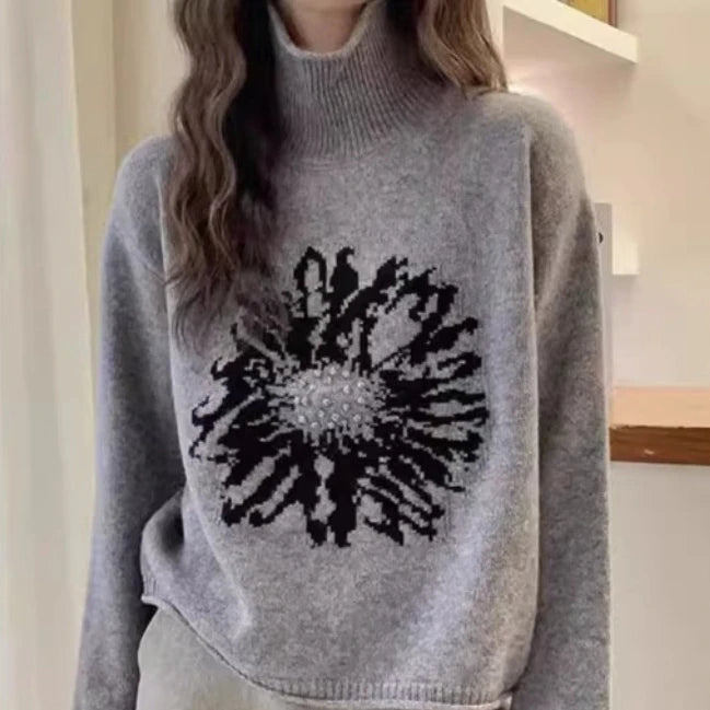 LIZAKOSHT  -  Women Y2k Aesthetic Vintage Flower Sweaters Streetwear Turtleneck Warm Winter Jumpers Grunge Harajuku Casual Loose Pullovers