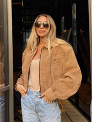 LIZAKOSHT  -  Elegant Cropped Suede Jacket Women 2025 New Autumn Winter Vintage Casual Loose Pocket Zipper Long Sleeve Short Coat Streetwear