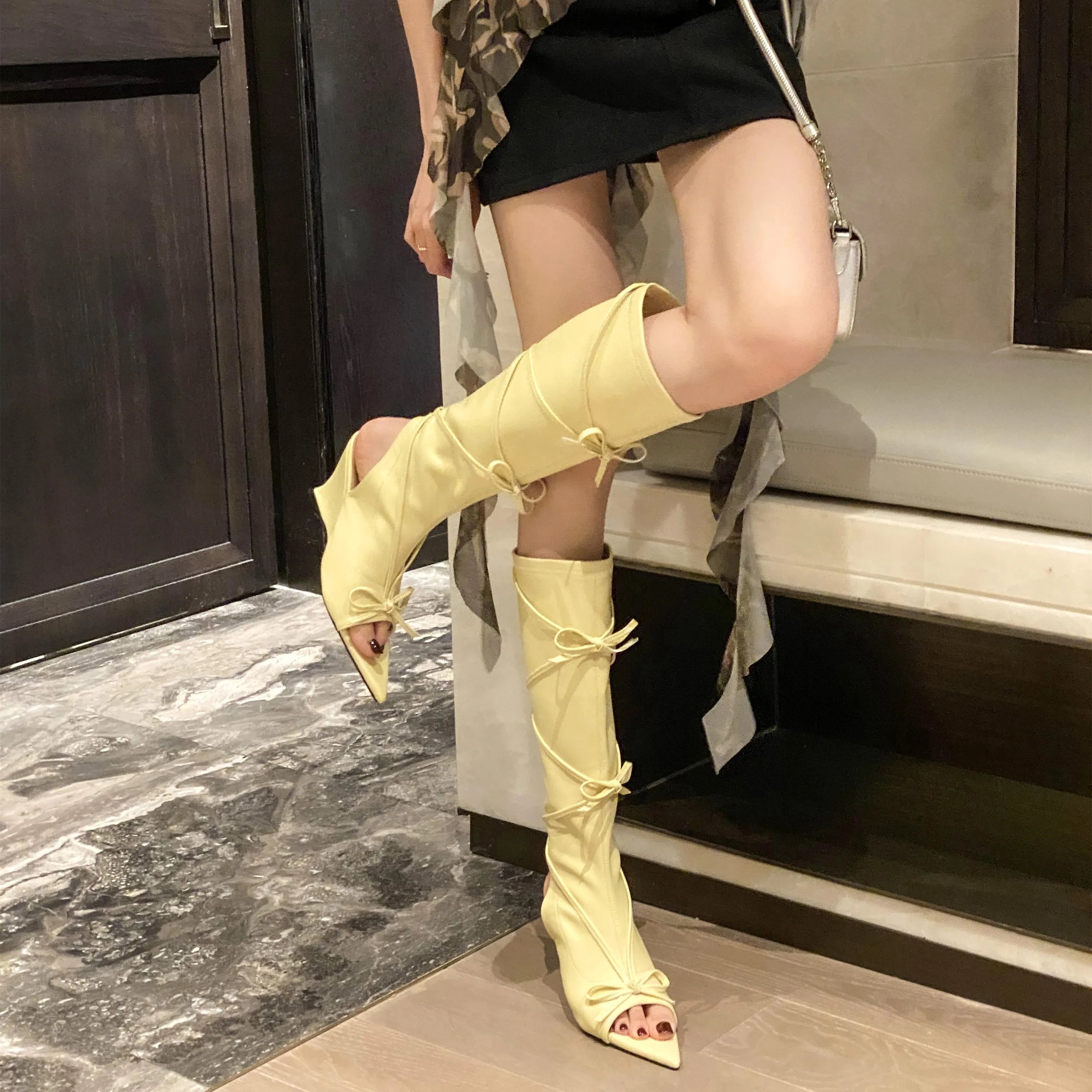 LIZAKOSHT  -  Summer Tall Sandals For Women Fashion Pointed Toe Low Heel Female Knee High Boots Butterfly-Knot Solid Color Wedges Shoes Ladies