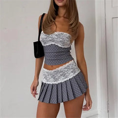 LIZAKOSHT  -  Women Summer Two Piece Lace Trim Outfits Dots Print Tube Tops and Mini Pleated Skirt Set Y2K Vacation Party Matching Suit