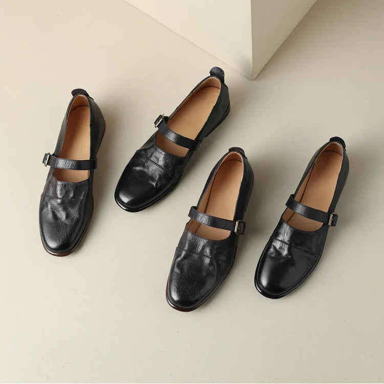 LIZAKOSHT  -  Women Flats Retro Style Genuine Leather Mary Janes Shoes Woman Spring Summer Office Ladies Casual Comfort