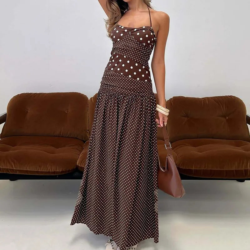 LIZAKOSHT  -  Women Polka Dot Halter Neck Maxi Dress Ruched A Line Vintage Elegant Holiday Beach Vacation Dress Spring Summer Outfit