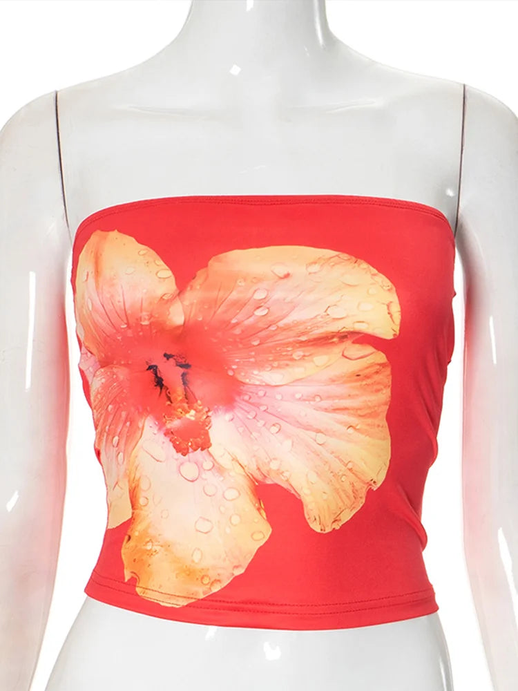 LIZAKOSHT  -  Strapless Flower Printed Crop Top Women's Clothing Sleeveless Tank Top Hottie Summer Streetwear