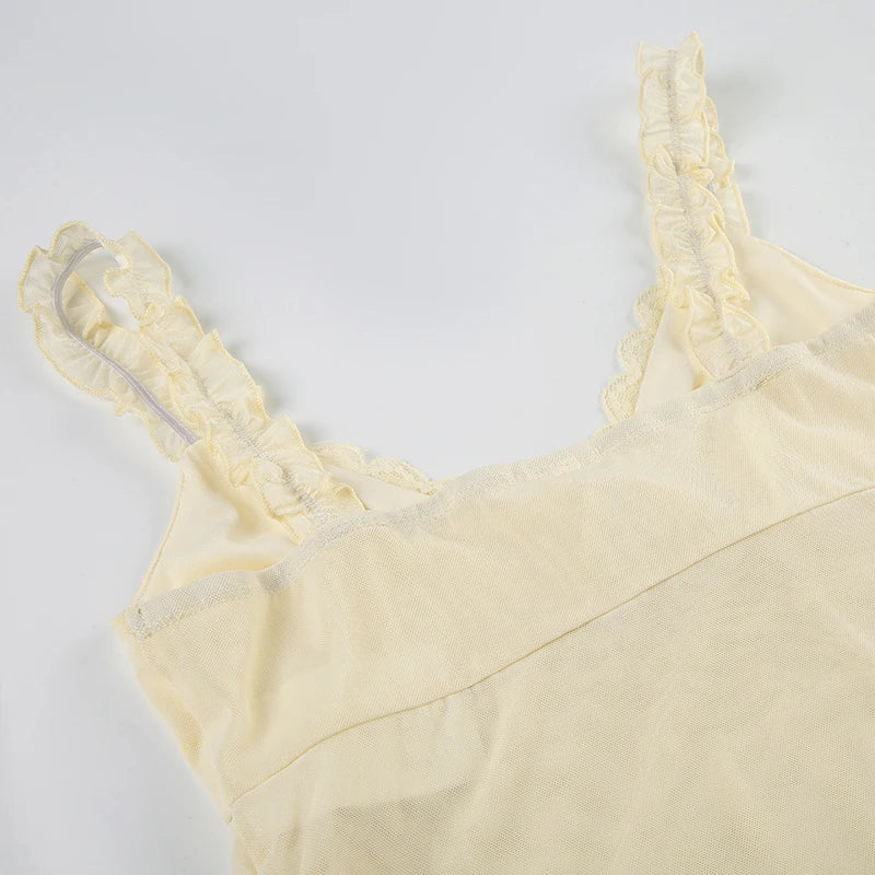 LIZAKOSHT  -  Women Boho Chic Ruffled Lace V-neck Tank Top Bow Tied Sleeveless Light Yellow Sexy Crop Tops Summer Holiday Camisole