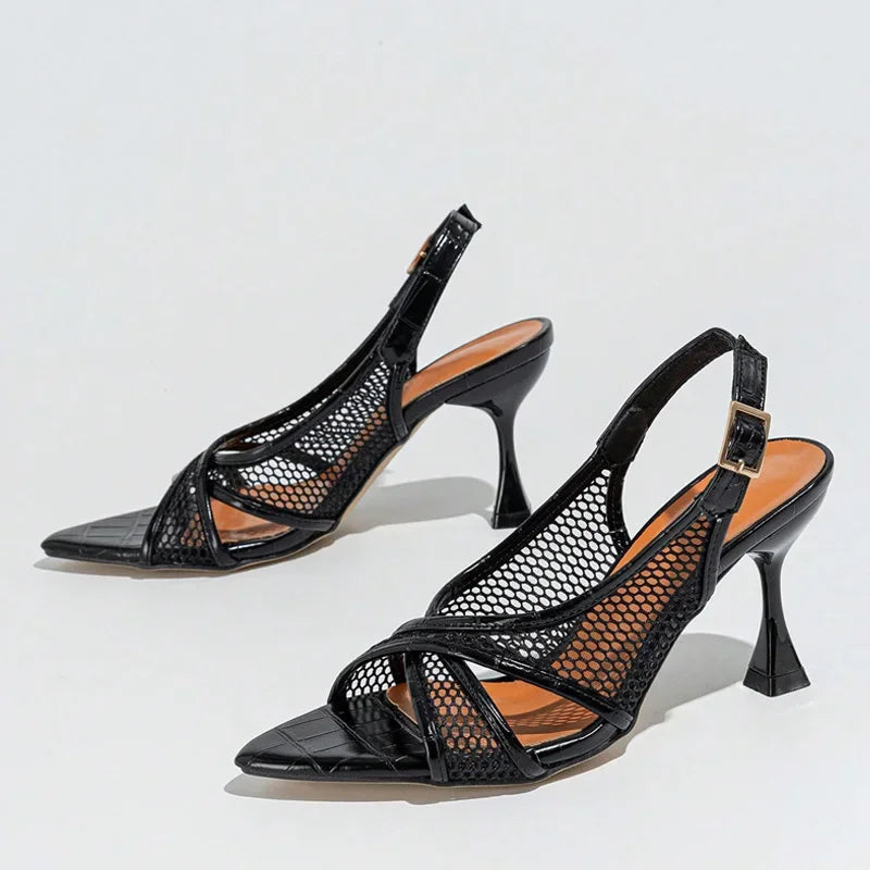 LIZAKOSHT  -  Black Mesh Open Toe Women High Heels Summer Brand Designer Sexy Hollow Buckle Party Dress Thin High Heel Women Open Toe Sandals