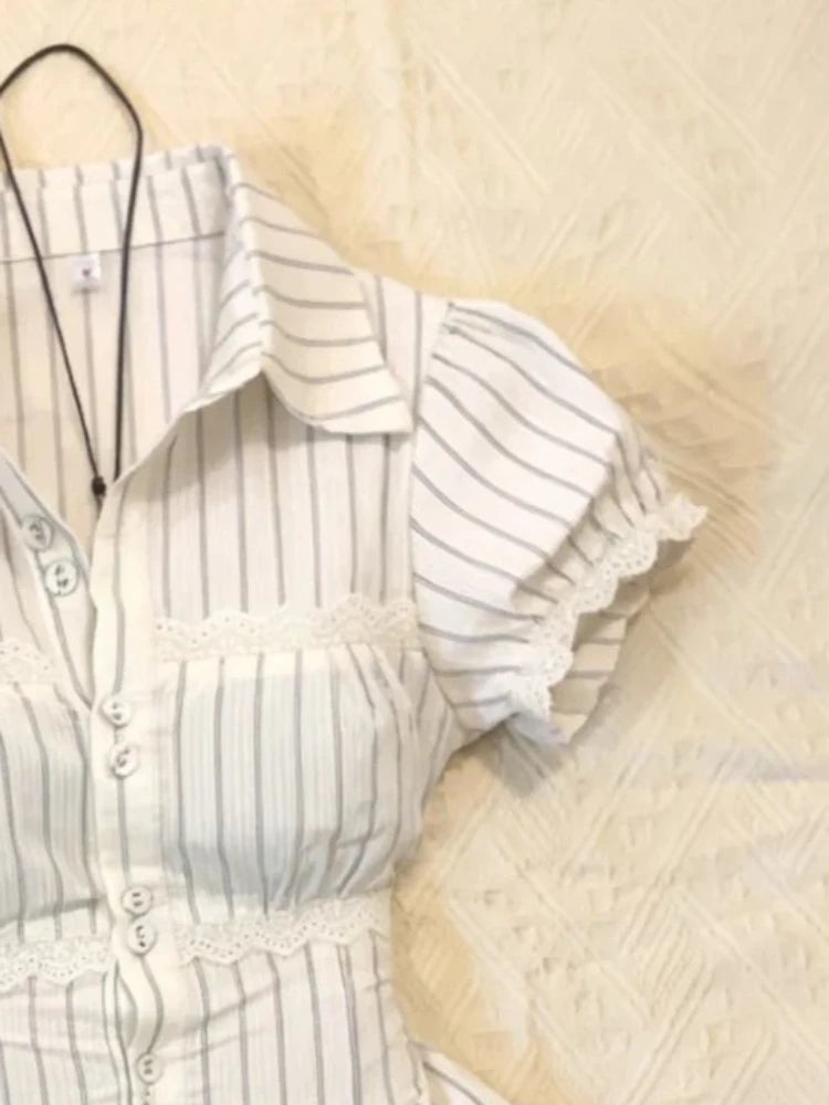LIZAKOSHT  -  Harajuku Fashion Lace Trim Design Shirt Korean Style Sweet Color-Block Striped Short Sleeve Shirt Women Waist-Slimming Tops