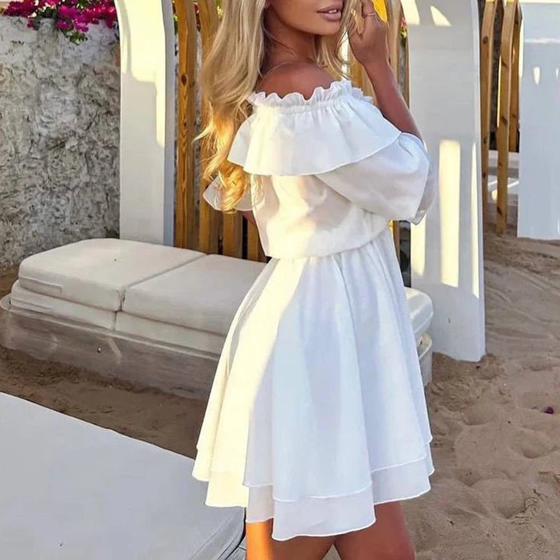 LIZAKOSHT  -  Casual Pleat White Mini Dress Elegant V-neck Flared Sleeve A-Line Dress Women Fashion Drawstring Design Ruffle Short Dress