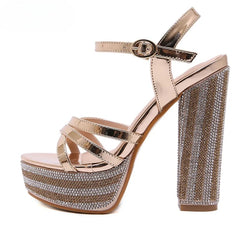 LIZAKOSHT  -   Crystal Rhinestone Platform Thick High Heel Women Sandals Sexy Peep Toe Ankle Buckle Strap Party Gladiator Shoes