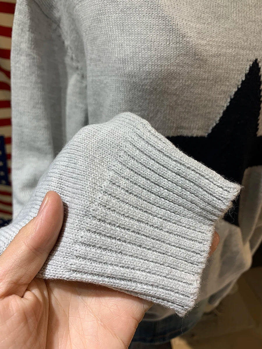 LIZAKOSHT  -  Star Jacquard Sweater Woman Autumn Raw Hem Slash Neck Long Sleeve Pullover Female Casual Vintage Preppy Style Loose Jumpers Top