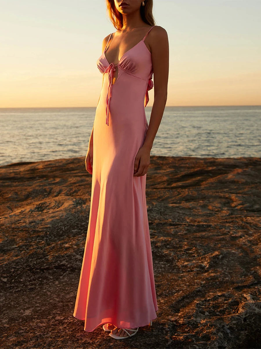 LIZAKOSHT  -  Women Cami Dress Solid Color Sleeveless Tie-Up Front Sleeveless Backless Dress Long Dress Summer Casual Spaghetti Strap Dress