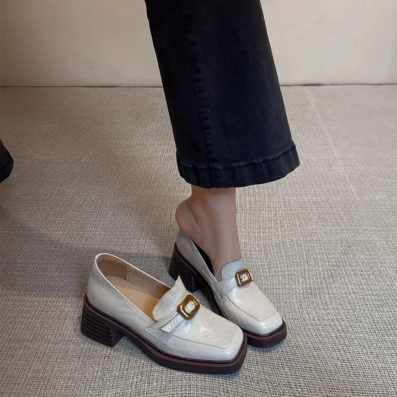 LIZAKOSHT  -  Women's Leather Shoes New Retro White Chunky Heel Loafers Women's British Style High Heels Metal Buckle Thick Heel Single Shoes