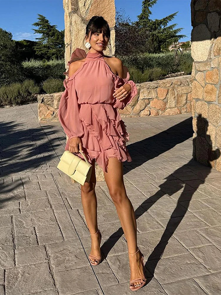 LIZAKOSHT  -  Fashion Hollow Out Puff Sleeve Women's Dresses Pleated Tassel Hem Short Dresses New Casual Round Neck Elegant Women Dress